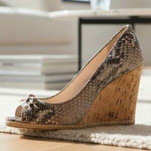 Prada Beige Taupe Gray Python Leather Cork Wedge Peep-Toe, Size 36.5 (US 6.5)
